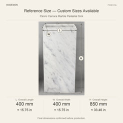 Panini Carrara Marble Pedestal Sink reference overall dimensions in millimeters and inches