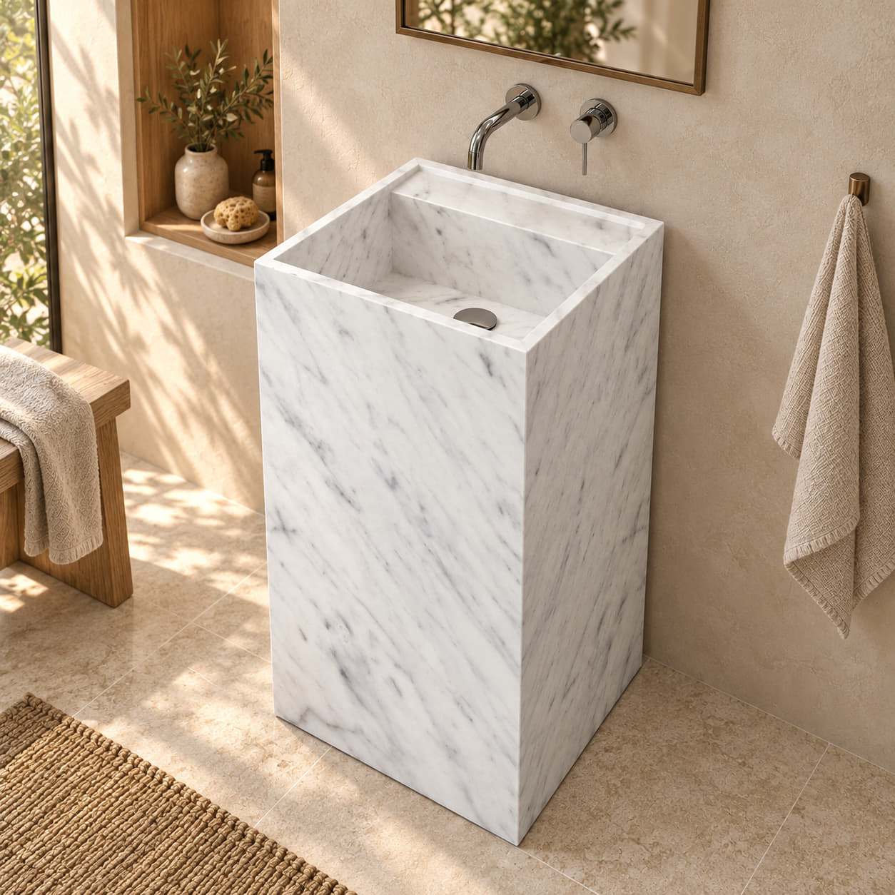Panini Carrara marble pedestal sink with square basin in a warm ivory and oak bathroom
