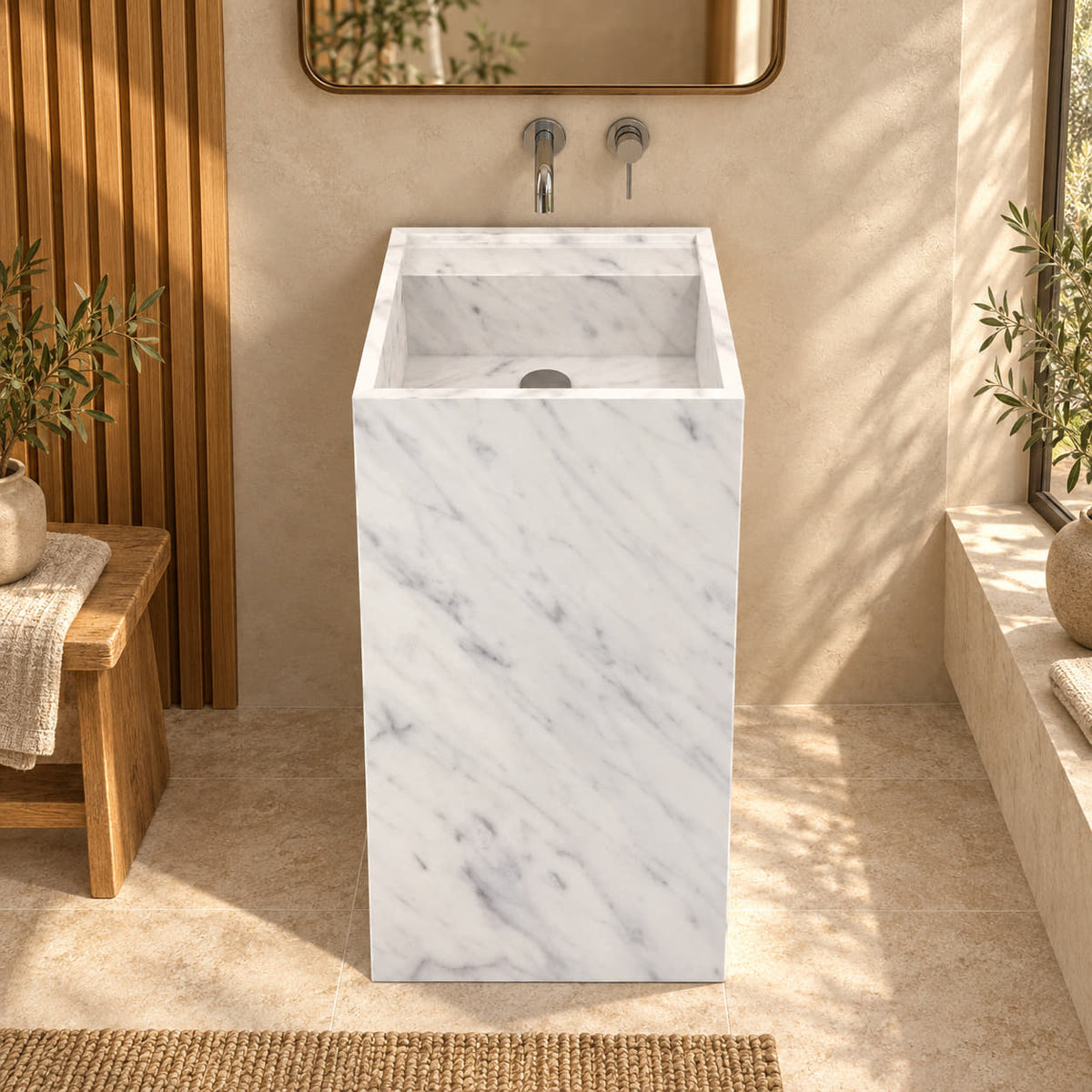 Panini Carrara marble pedestal sink from the front in a warm bathroom with oak wall and natural light
