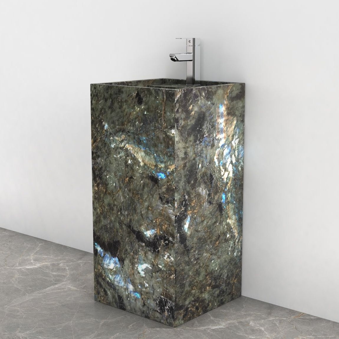Panini Celestia Blue Quartzite Pedestal Sink — complete floor-standing product from basin rim to base in a bathroom setting