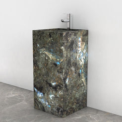 Panini Celestia Blue Quartzite Pedestal Sink — complete floor-standing product from basin rim to base in a bathroom setting