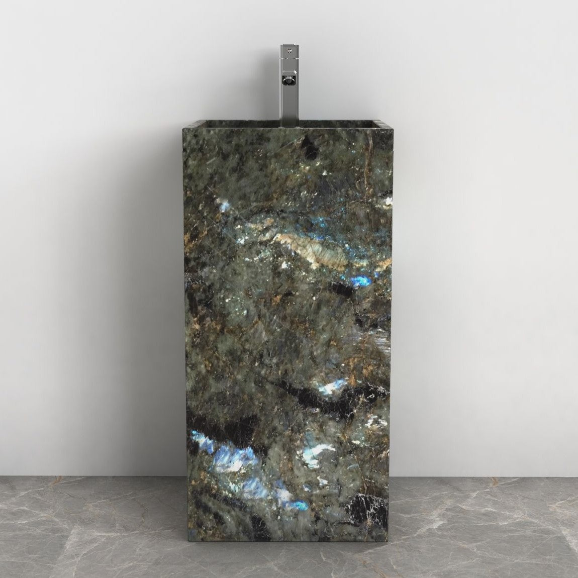Panini Celestia Blue Quartzite Pedestal Sink — front lifestyle view showing full pedestal height and basin profile