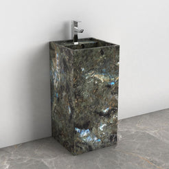 Panini Celestia Blue Quartzite Pedestal Sink — alternate bathroom angle showing the complete column and base