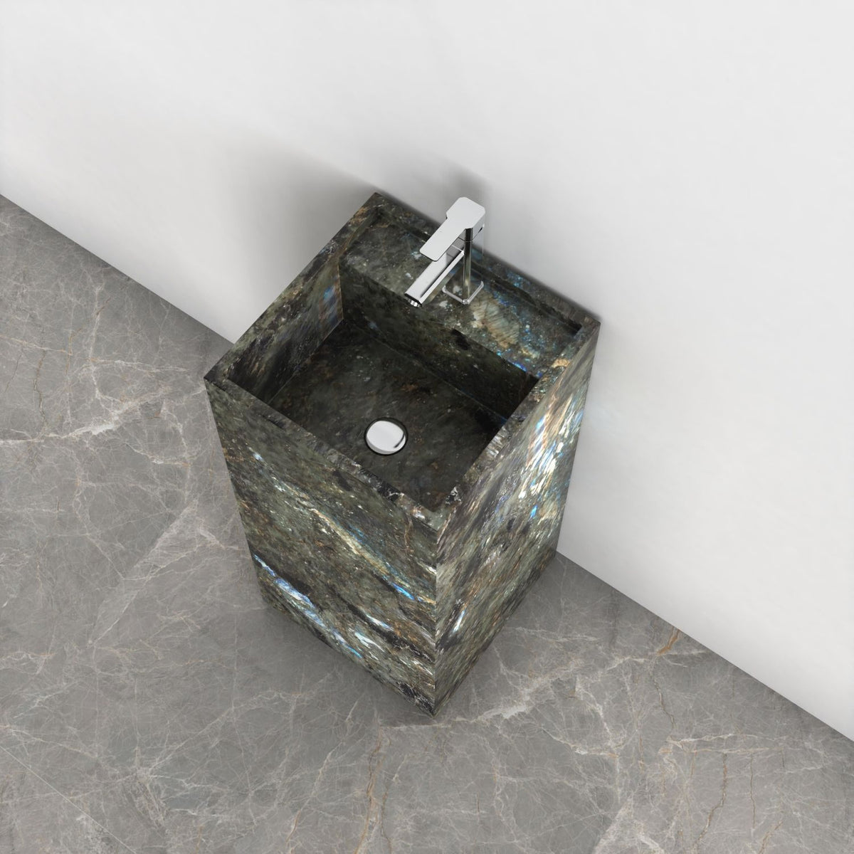 Panini Celestia Blue Quartzite Pedestal Sink — elevated basin view showing the rim, inner bowl and visible drain area