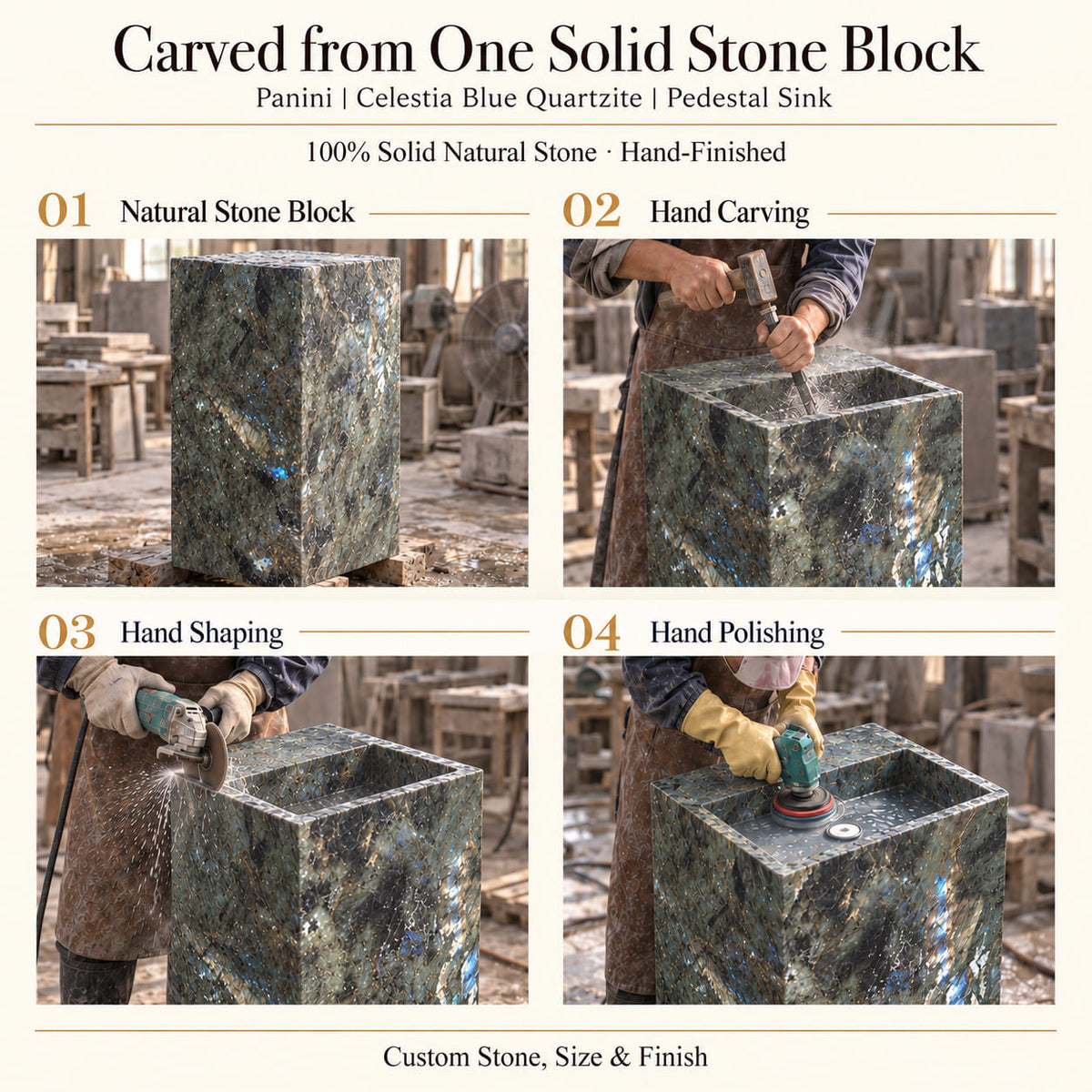 Panini Celestia Blue Quartzite Pedestal Sink craftsmanship: carved from one solid natural stone block, manual hammer-and-chisel carving, hand shaping and hand polishing of the full continuous pedestal and recessed basin; custom stone, size and finish.