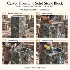 Panini Celestia Blue Quartzite Pedestal Sink craftsmanship: carved from one solid natural stone block, manual hammer-and-chisel carving, hand shaping and hand polishing of the full continuous pedestal and recessed basin; custom stone, size and finish.