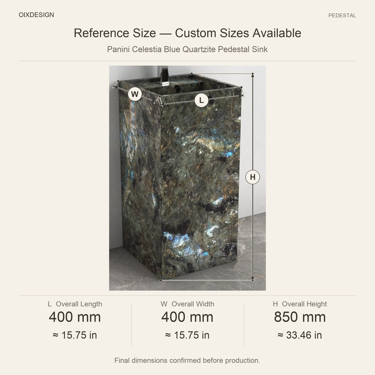 Panini Celestia Blue Quartzite Pedestal Sink reference overall dimensions in millimeters and inches