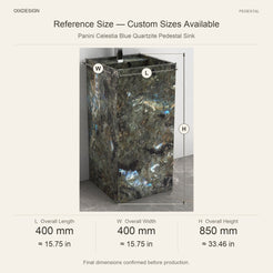 Panini Celestia Blue Quartzite Pedestal Sink reference overall dimensions in millimeters and inches