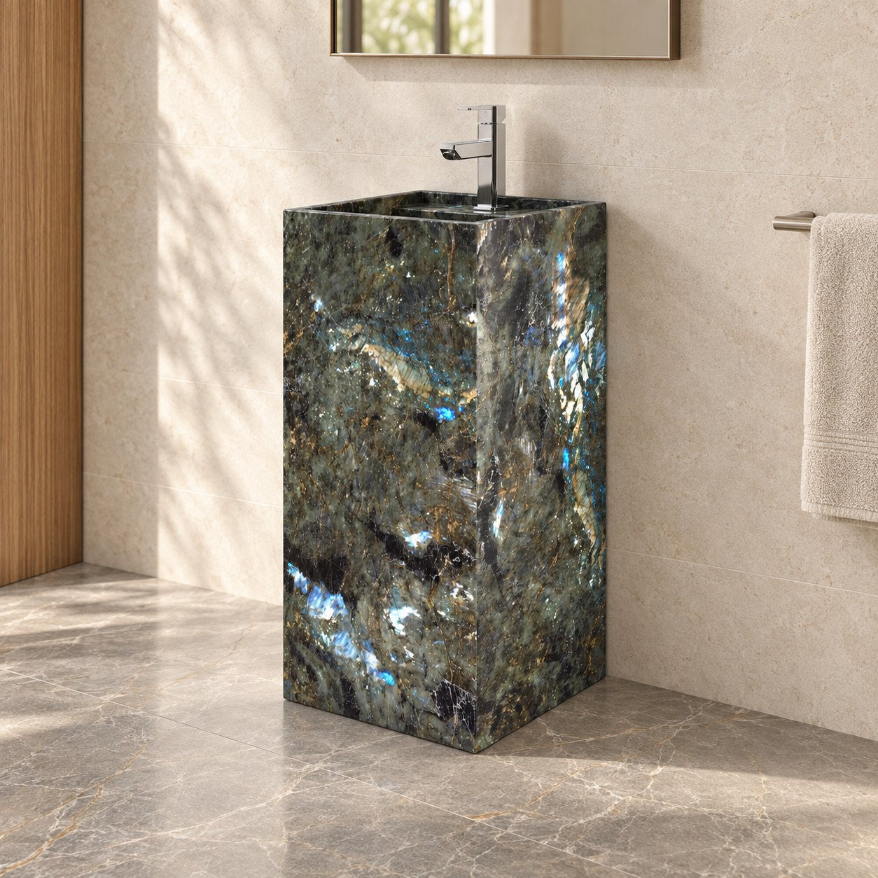Panini Celestia Blue Quartzite Pedestal Sink — complete floor-standing column in a warm oak and limestone bathroom