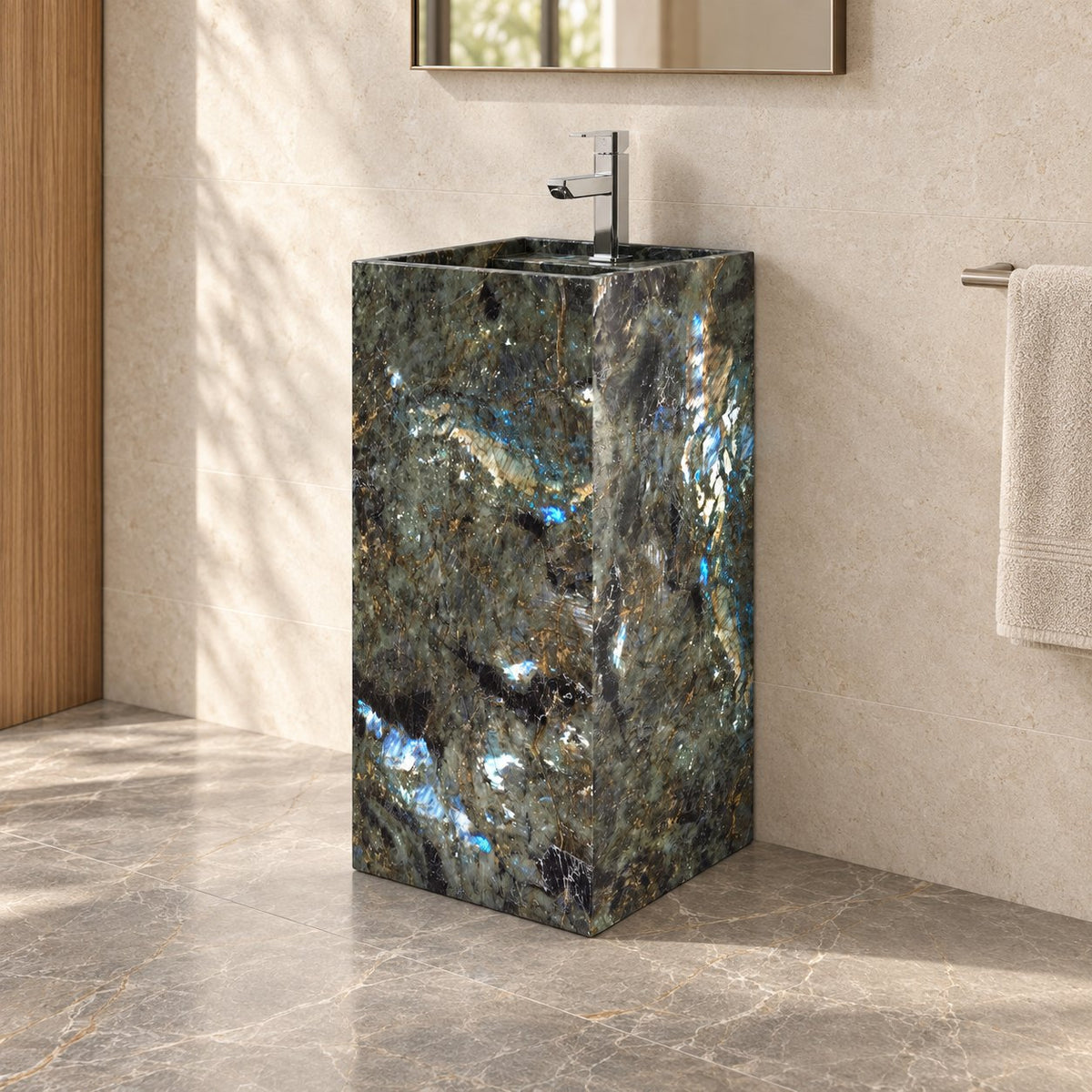 Panini Celestia Blue Quartzite Pedestal Sink — complete floor-standing column in a warm oak and limestone bathroom