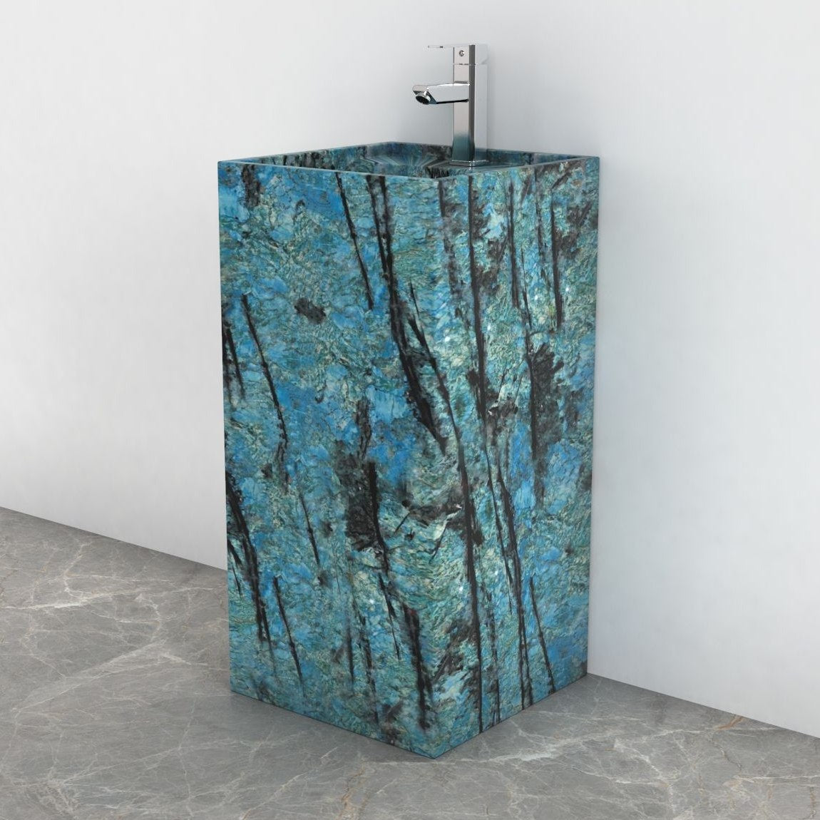 Panini Danube Blue Quartzite Pedestal Sink — complete rectangular pedestal and recessed basin in a bathroom corner