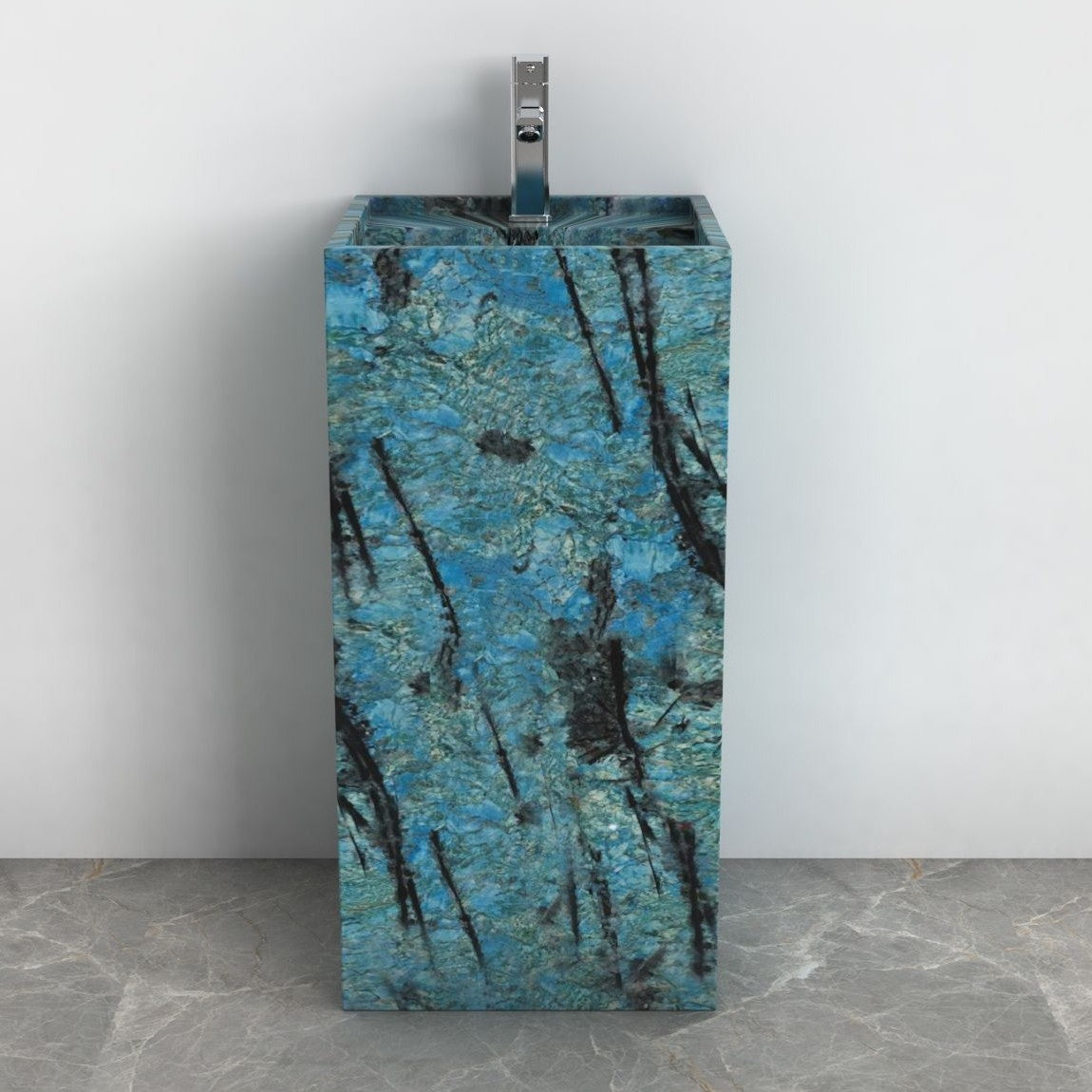 Panini Danube Blue Quartzite Pedestal Sink — front bathroom view showing the full column from basin rim to floor