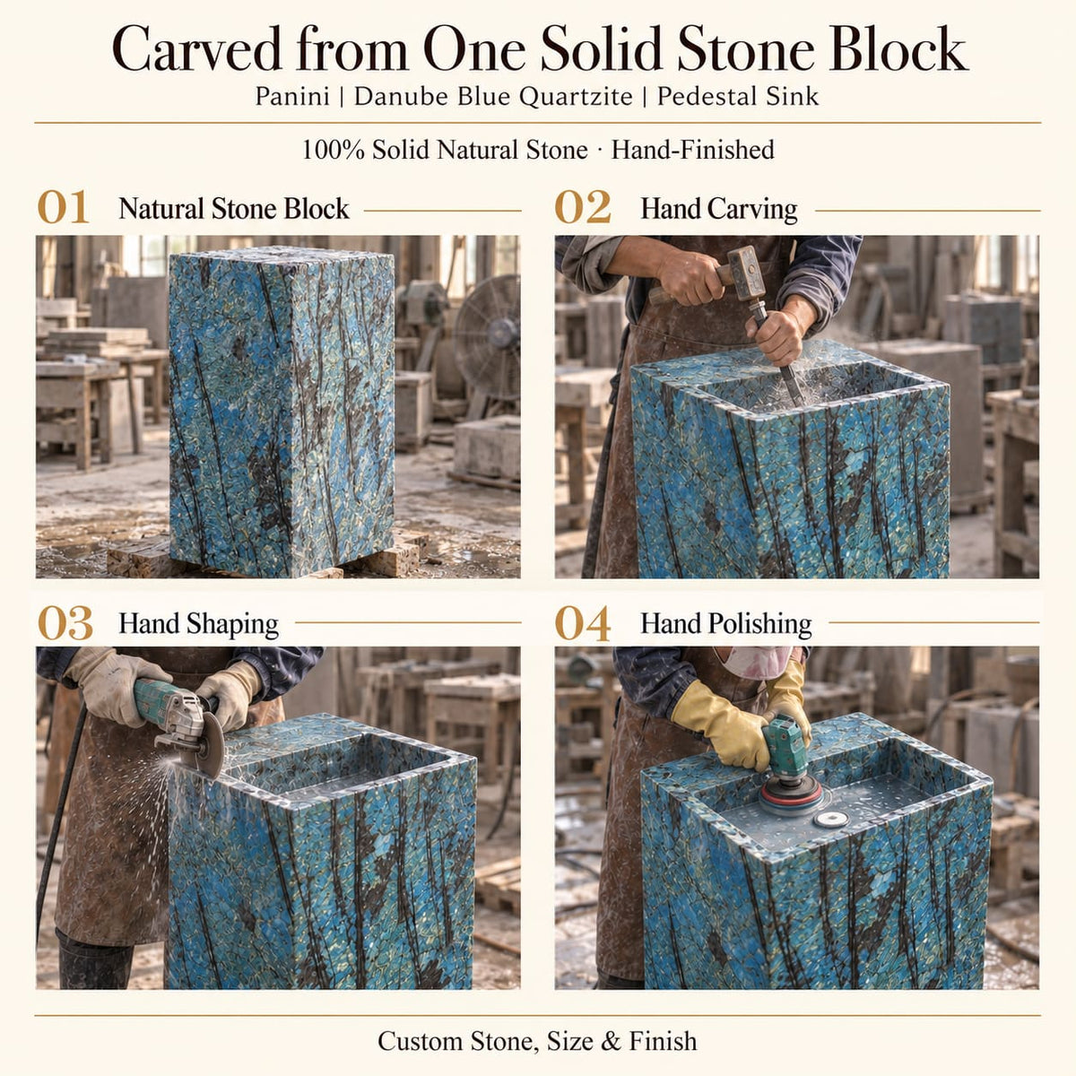 Panini Danube Blue Quartzite Pedestal Sink carved from one solid stone block, showing a continuous rectangular pedestal, broad rear deck and recessed basin through manual hammer-and-chisel carving, hand shaping and hand polishing; custom stone, size and finish.