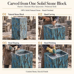 Panini Danube Blue Quartzite Pedestal Sink carved from one solid stone block, showing a continuous rectangular pedestal, broad rear deck and recessed basin through manual hammer-and-chisel carving, hand shaping and hand polishing; custom stone, size and finish.