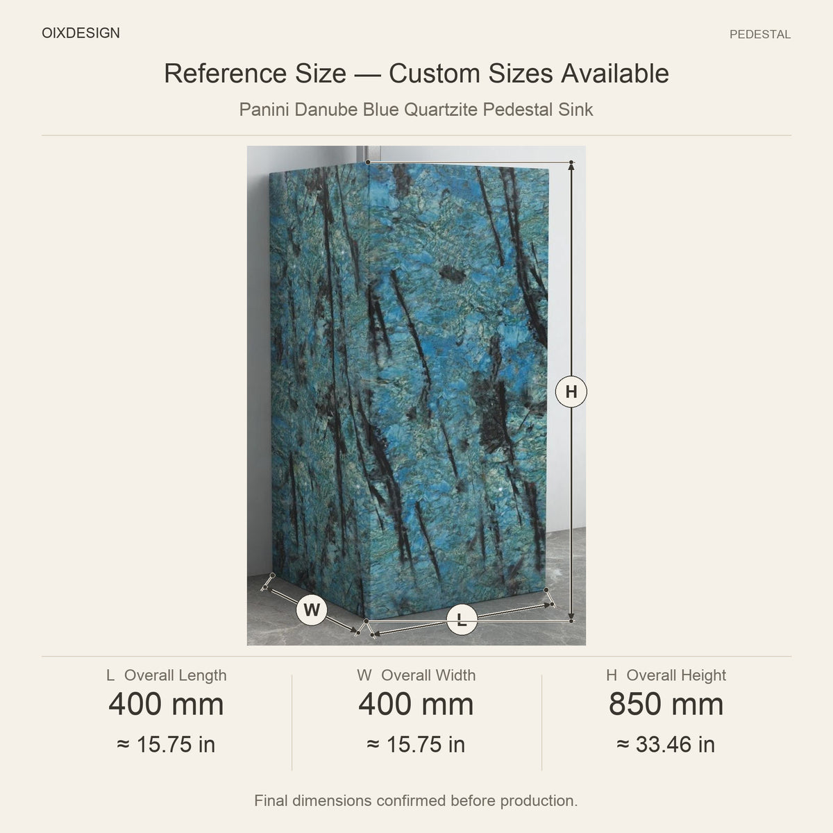 Panini Danube Blue Quartzite Pedestal Sink reference overall dimensions in millimeters and inches