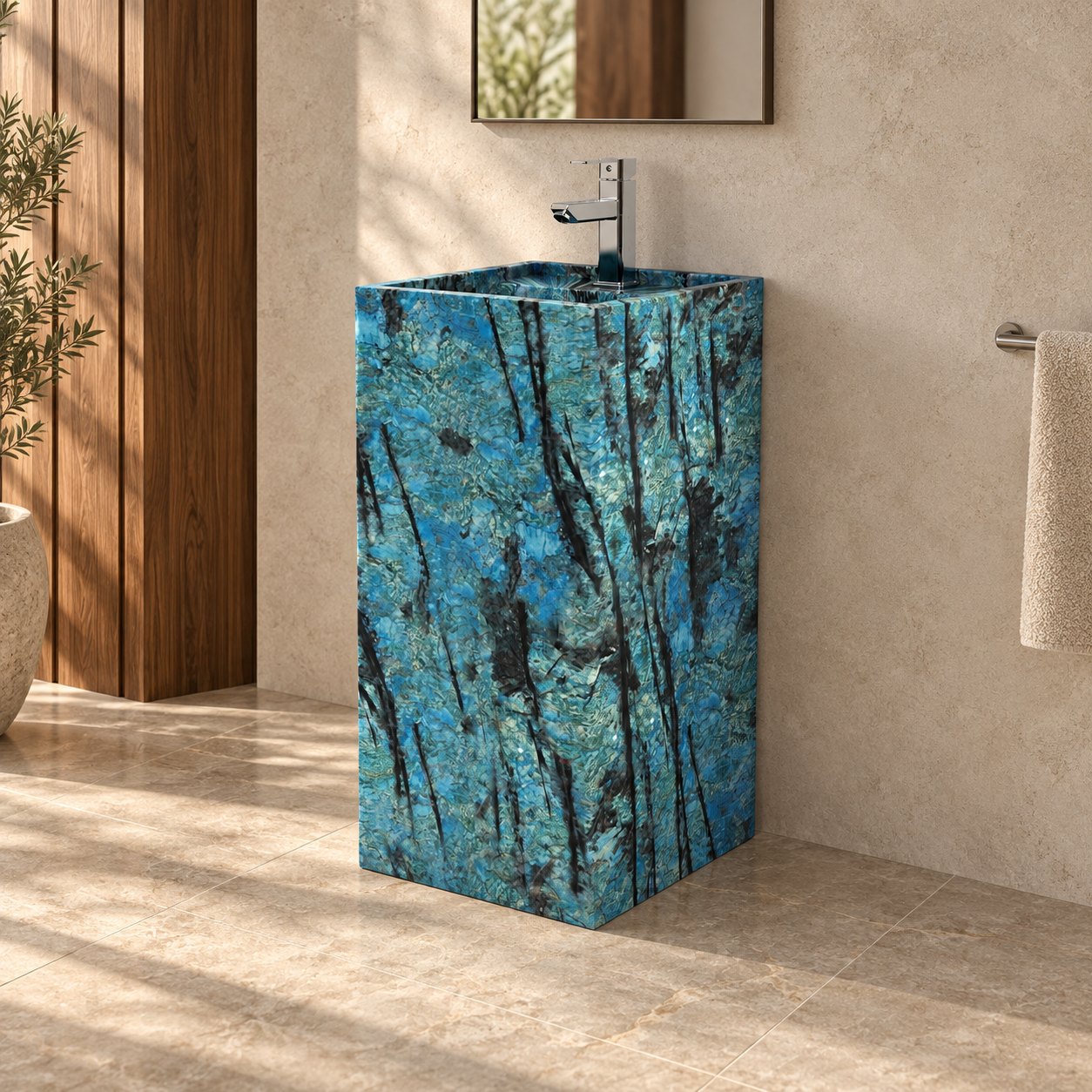 Panini Danube Blue Quartzite Pedestal Sink — full floor-standing column in a warm walnut and limestone bathroom
