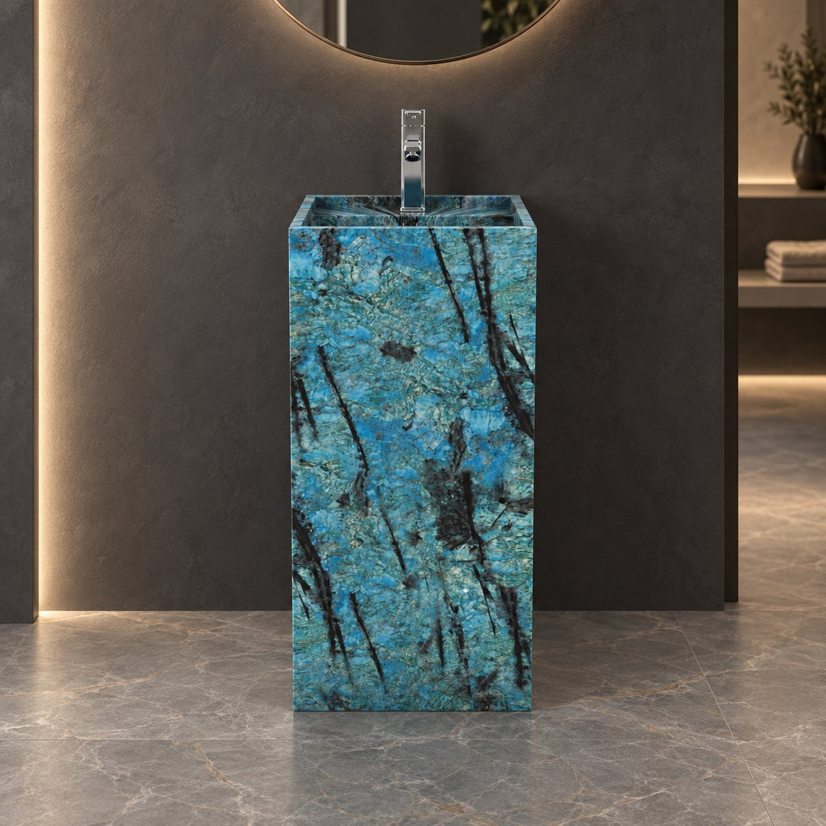Panini Danube Blue Quartzite Pedestal Sink — frontal view of the full column in a charcoal bathroom