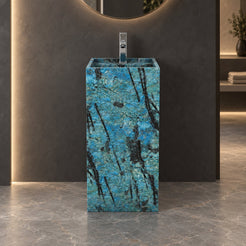 Panini Danube Blue Quartzite Pedestal Sink — frontal view of the full column in a charcoal bathroom