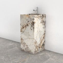 Panini Pandora Blanc Quartzite Pedestal Sink — complete floor-standing product from basin rim to base in a bathroom setting
