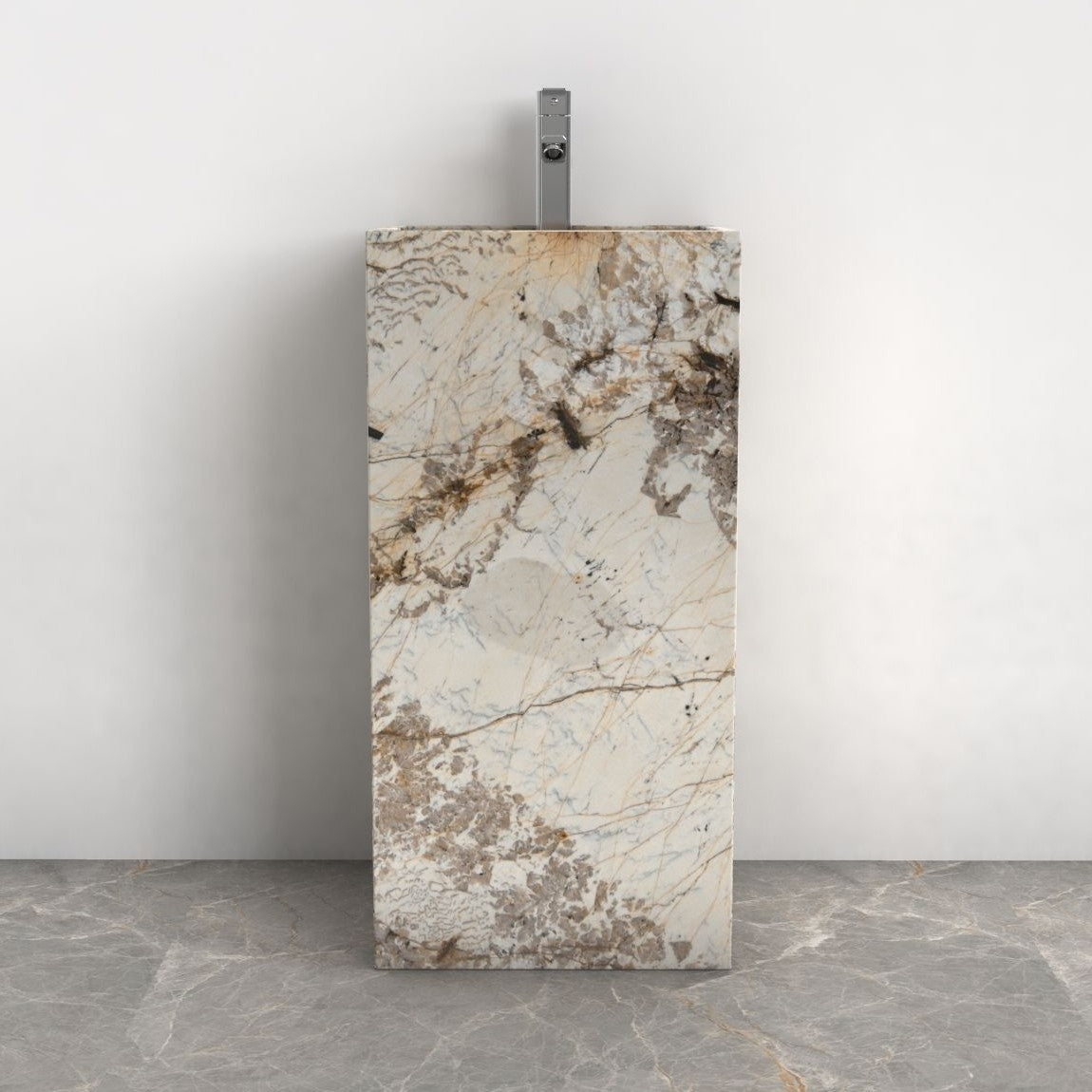 Panini Pandora Blanc Quartzite Pedestal Sink — front lifestyle view showing full pedestal height and basin profile
