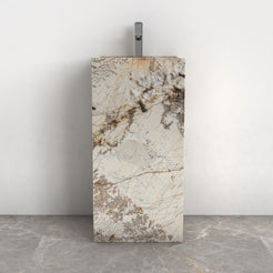 Panini Pandora Blanc Quartzite Pedestal Sink — front lifestyle view showing full pedestal height and basin profile