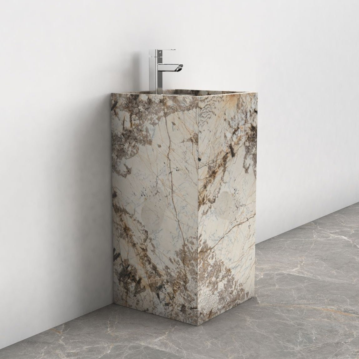 Panini Pandora Blanc Quartzite Pedestal Sink — alternate bathroom angle showing the complete column and base