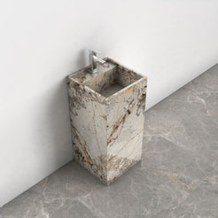 Panini Pandora Blanc Quartzite Pedestal Sink — elevated basin view showing the rim, inner bowl and visible drain area