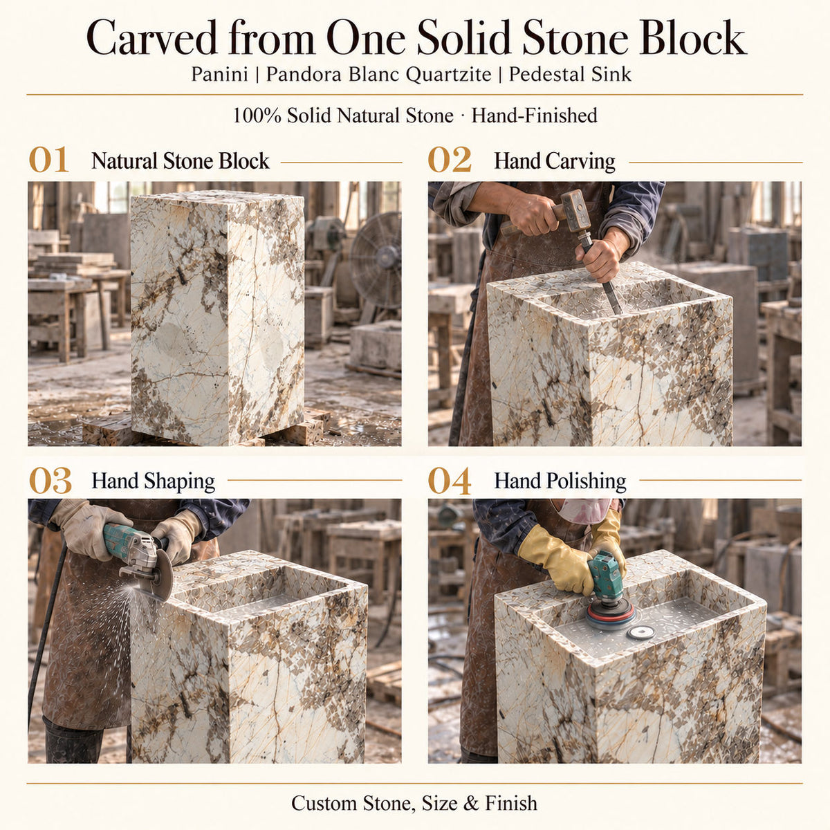 Panini Pandora Blanc Quartzite Pedestal Sink — carved from one solid Pandora Blanc Quartzite block, hand carving, shaping and polishing of the continuous pedestal sink