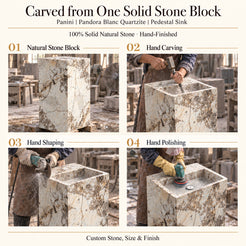 Panini Pandora Blanc Quartzite Pedestal Sink — carved from one solid Pandora Blanc Quartzite block, hand carving, shaping and polishing of the continuous pedestal sink