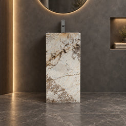 Panini Pandora Blanc Quartzite Pedestal Sink — frontal view in a charcoal bathroom showing ivory and taupe mineral patterns