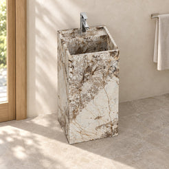 Panini Pandora Blanc Quartzite Pedestal Sink — elevated bathroom view showing the rectangular basin interior and complete floor-standing base
