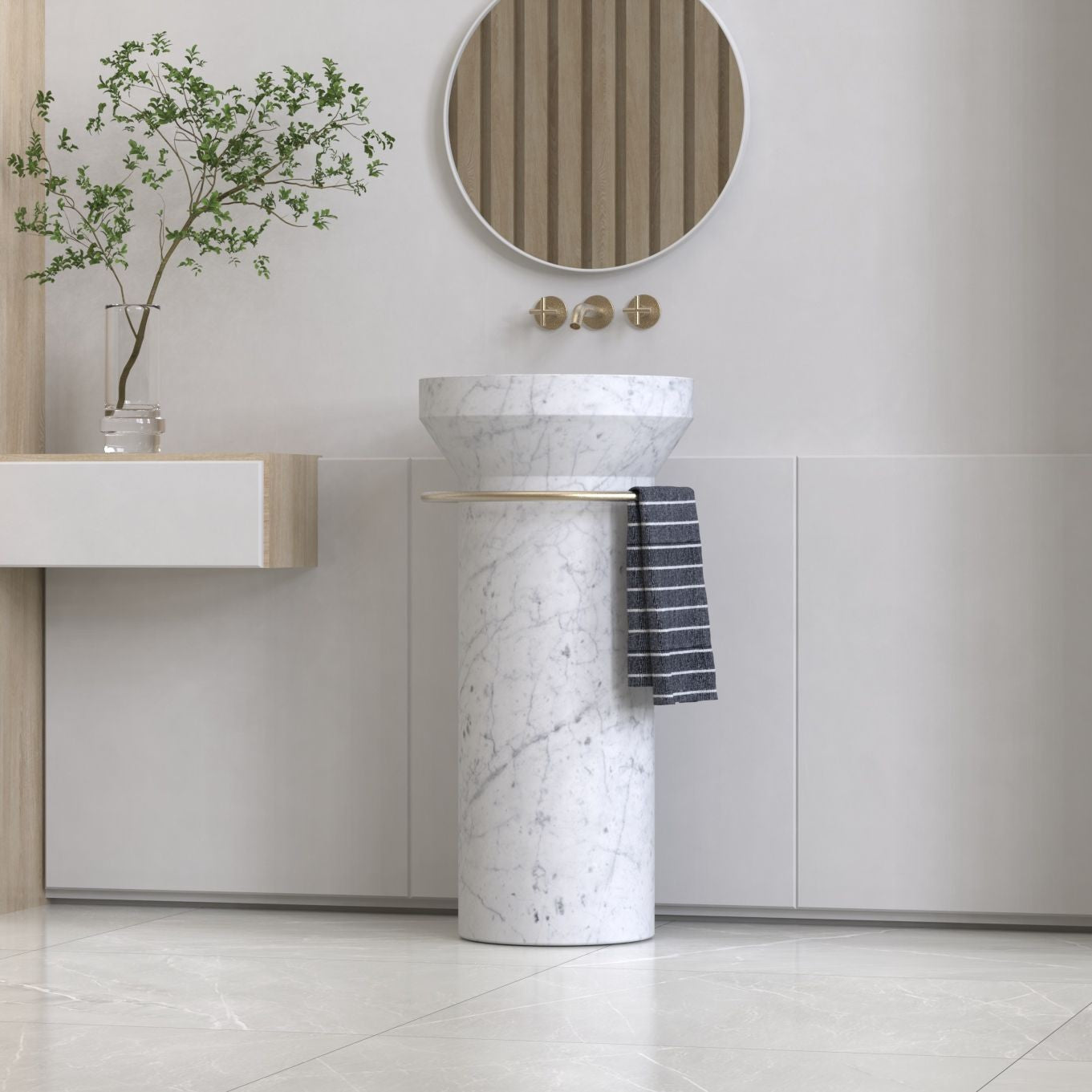 Pansy Carrara White Marble Pedestal Sink — complete pedestal sink from basin rim to floor base in a bathroom