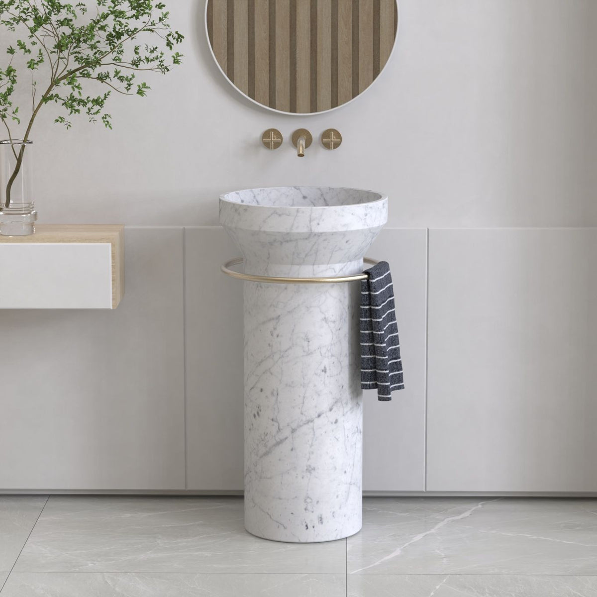 Pansy Carrara White Marble Pedestal Sink — alternate bathroom angle showing the full pedestal silhouette