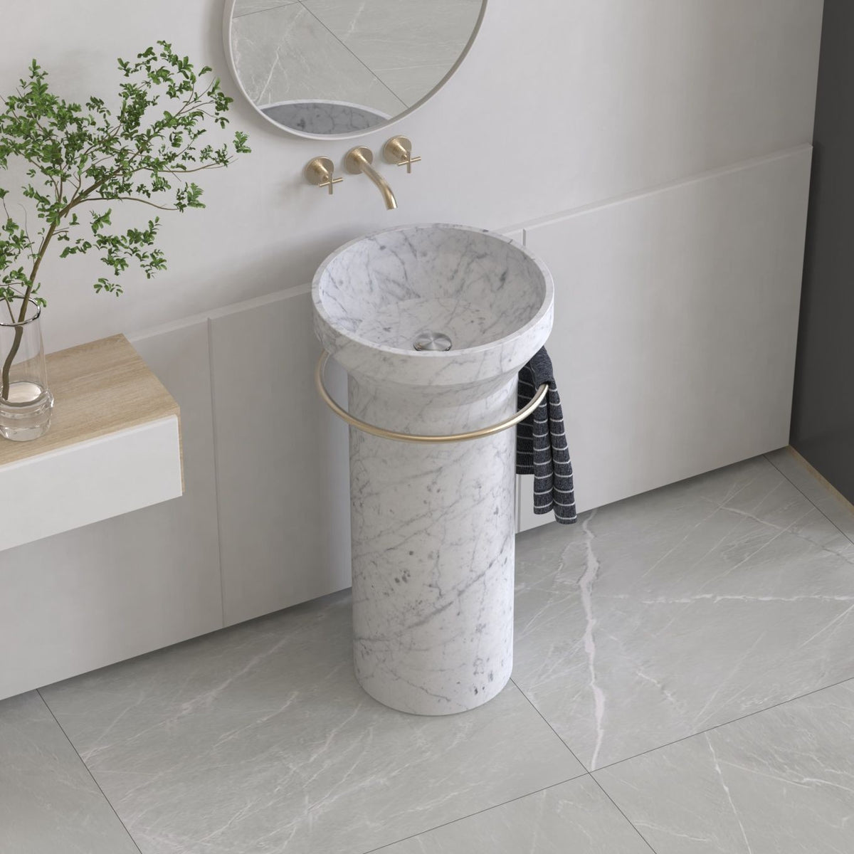 Pansy Carrara White Marble Pedestal Sink — additional room view showing the full column and basin