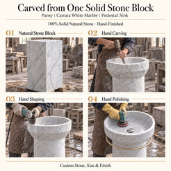 Pansy Carrara White Marble Pedestal Sink carved from one solid natural stone block with hand carving, shaping and polishing