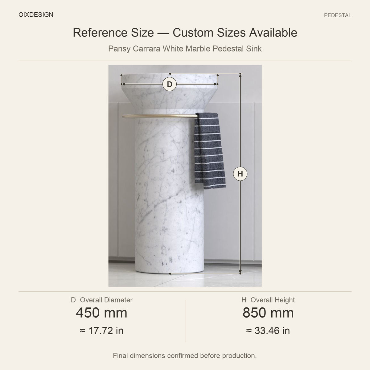 Pansy Carrara White Marble Pedestal Sink reference overall dimensions in millimeters and inches