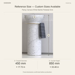 Pansy Carrara White Marble Pedestal Sink reference overall dimensions in millimeters and inches