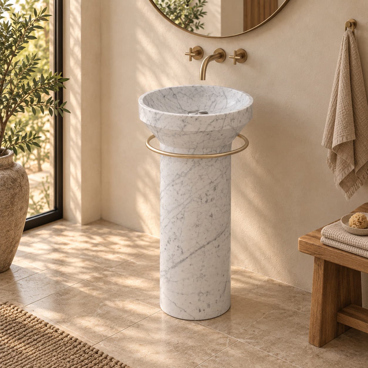 Pansy Carrara White Marble Pedestal Sink with its round basin, cylindrical stone column and gold circular rail in a warm ivory and natural oak bathroom, three-quarter view.