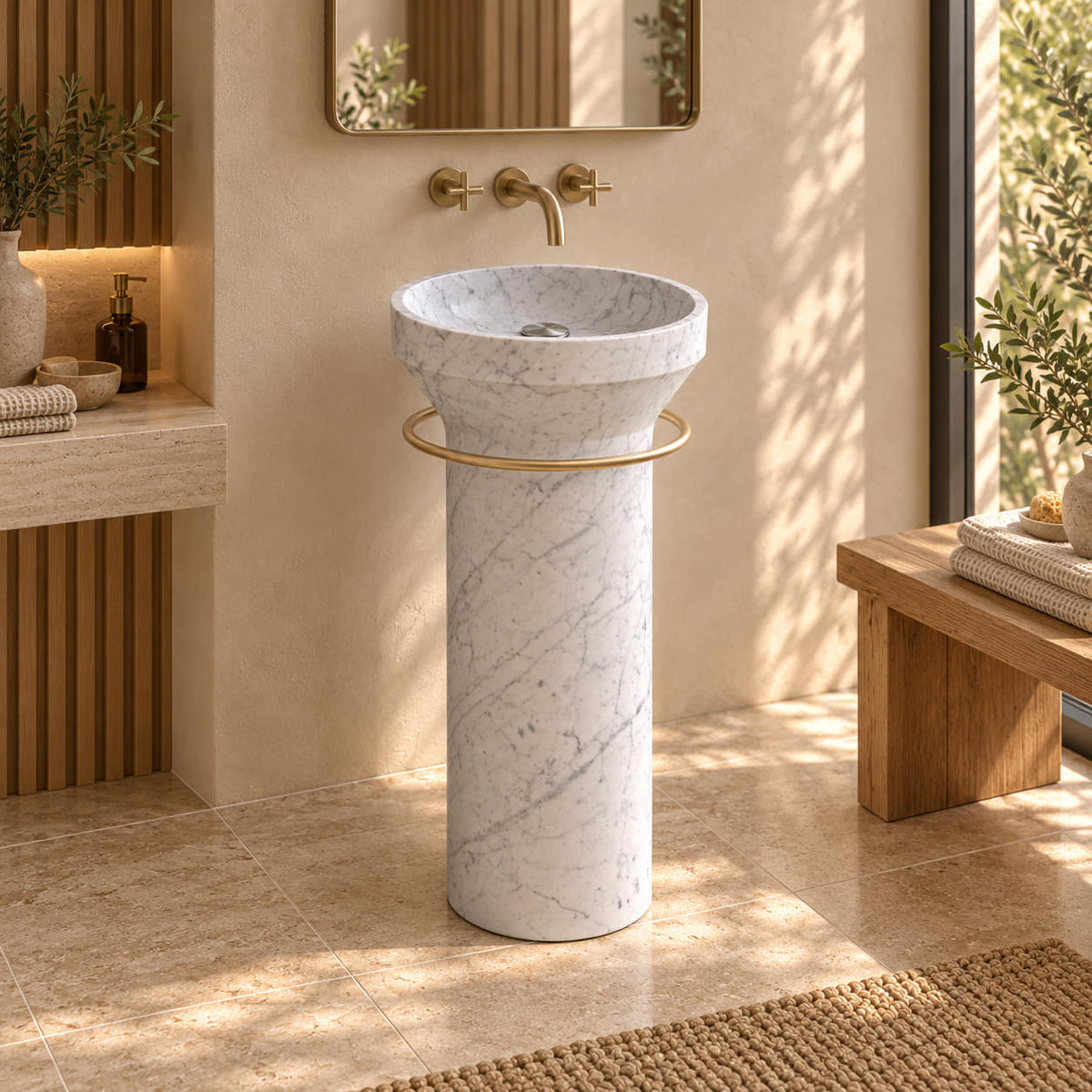 Pansy Carrara White Marble Pedestal Sink, frontal view with its shallow circular basin and gold circular rail in a warm cream bathroom with natural oak and soft window light.