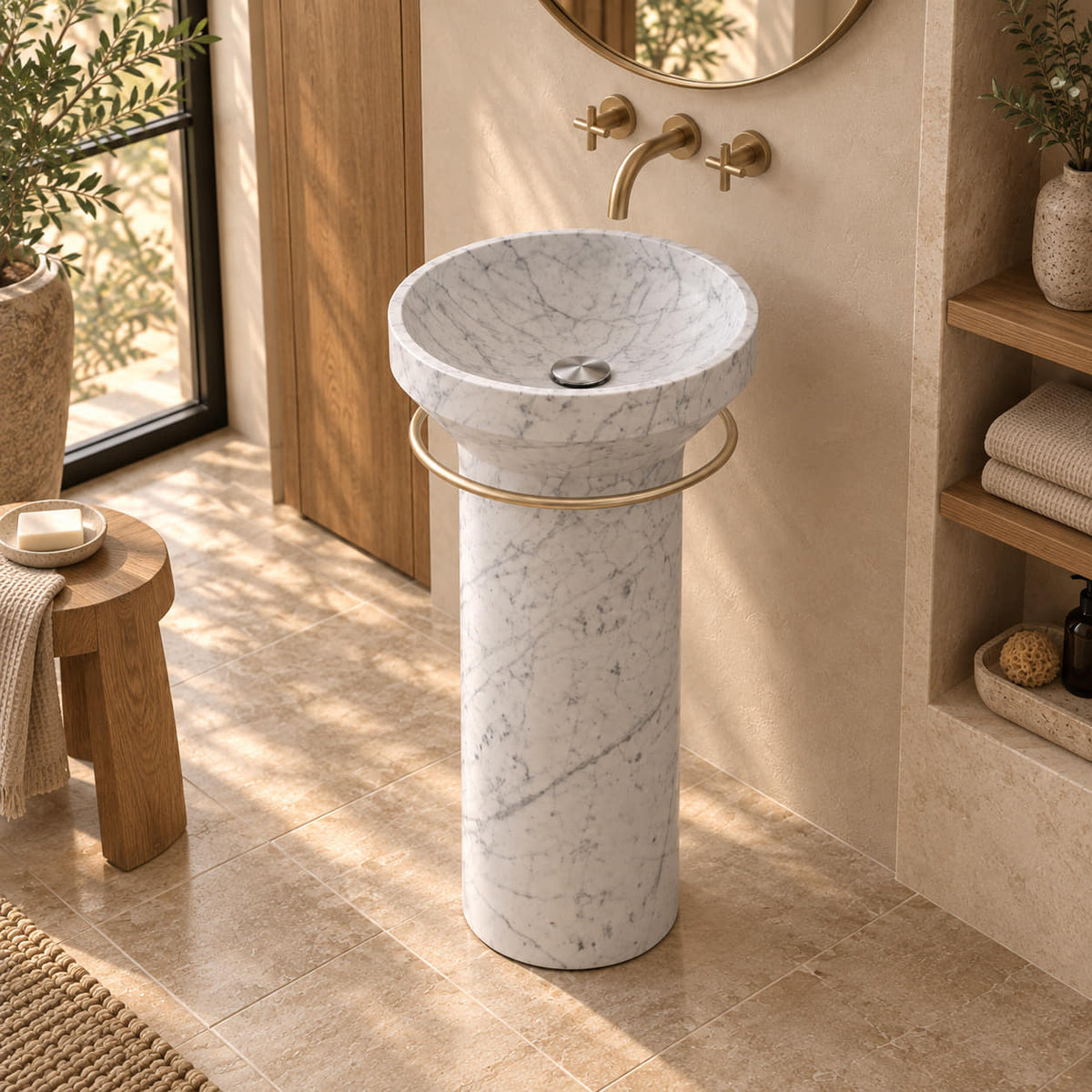 Pansy Carrara White Marble Pedestal Sink, elevated three-quarter view showing the shallow circular basin, silver drain cover and gold circular rail in a warm cream and oak bathroom.