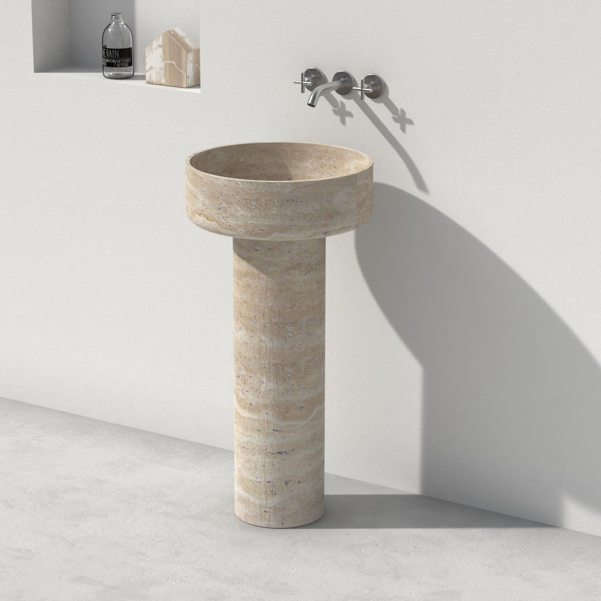 Pata Roman Travertine Pedestal Sink — complete pedestal sink in a bathroom setting