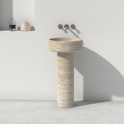 Pata Roman Travertine Pedestal Sink — alternate view showing the full basin and floor-standing base