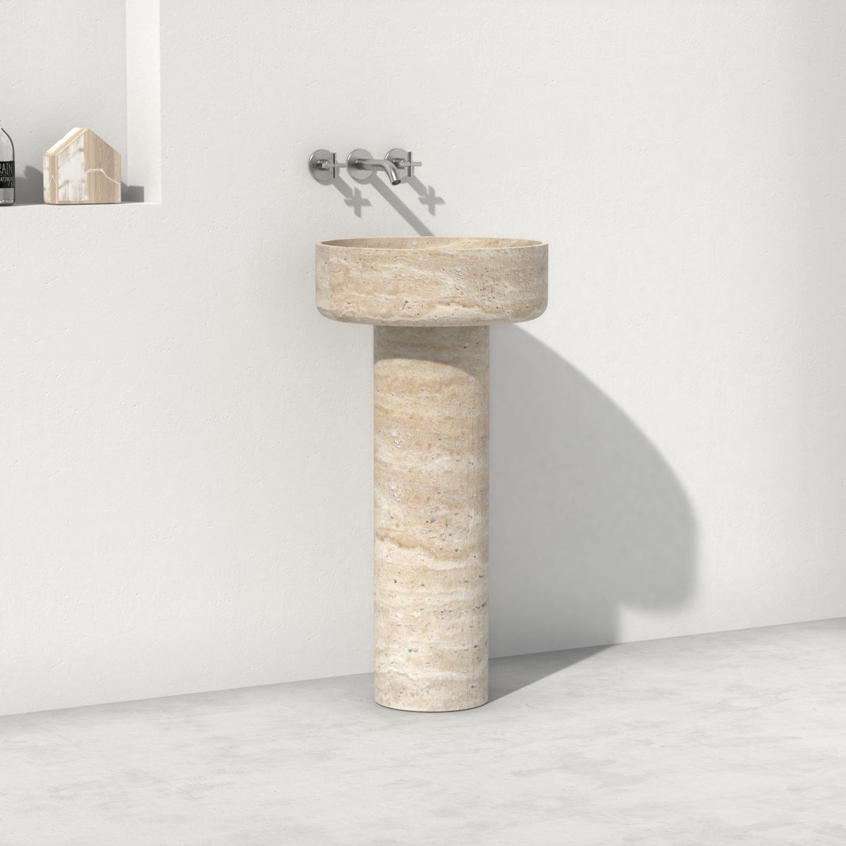 Pata Roman Travertine Pedestal Sink — another room angle of the complete pedestal profile