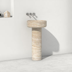 Pata Roman Travertine Pedestal Sink — another room angle of the complete pedestal profile