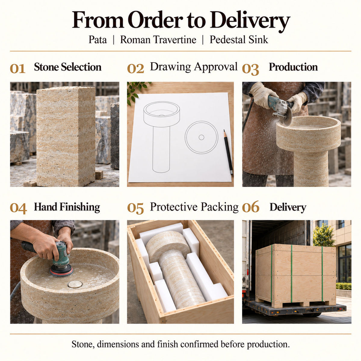 Pata Roman Travertine Pedestal Sink order process from stone selection and drawing approval to production, hand finishing, protective packing and delivery