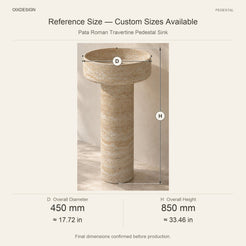 Pata Roman Travertine Pedestal Sink reference overall dimensions in millimeters and inches