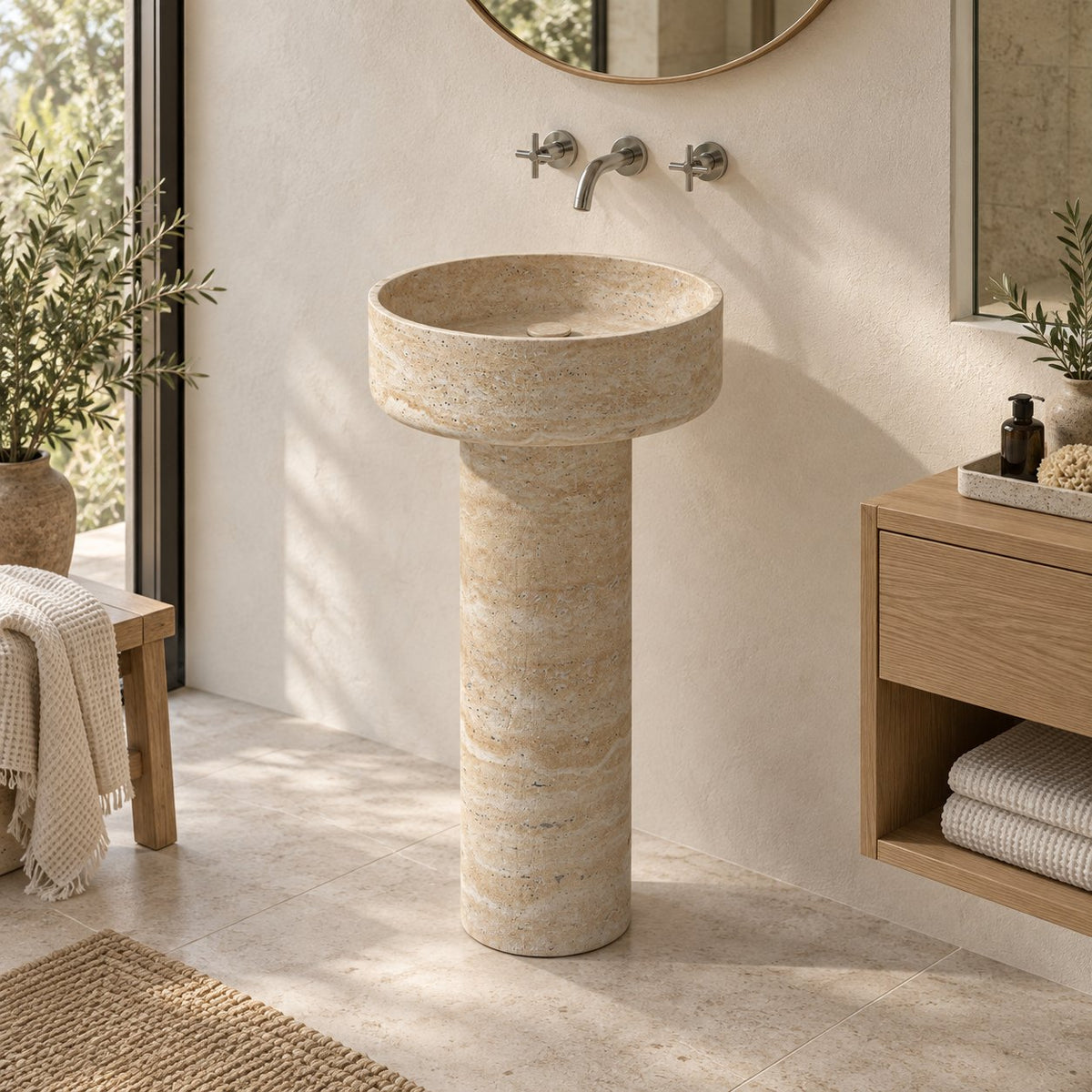 Pata Roman Travertine Pedestal Sink — three-quarter full pedestal lifestyle