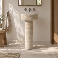 Pata Roman Travertine Pedestal Sink — low frontal full pedestal lifestyle