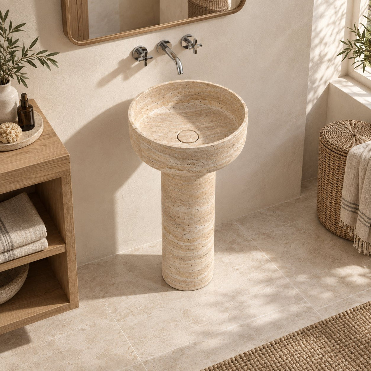 Pata Roman Travertine Pedestal Sink — elevated opposite oblique full pedestal lifestyle
