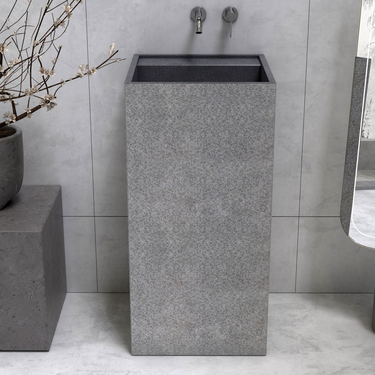 Patala Neroco Granite Pedestal Sink — alternate bathroom angle showing the full pedestal silhouette